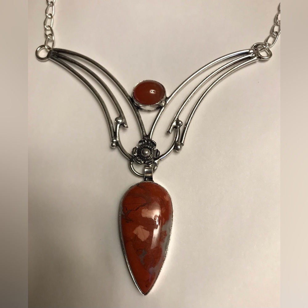Red Jasper Stamped 925 Sterling Silver Necklace